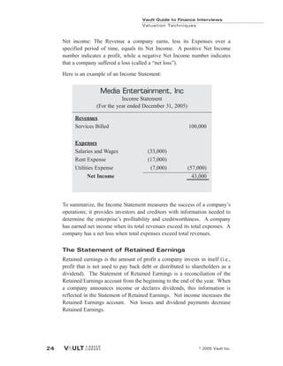 Net income: The Revenue a company earns, less its Expenses over a
specified period of time, equals its Net Income. A positive Net Income
number indicates a profit, while a negative Net Income number indicates
that a company suffered a loss (called a “net loss”).
Here is an example of an Income Statement:
To summarize, the Income Statement measures the success of a company’s
operations; it provides investors and creditors with information needed to
determine the enterprise’s profitability and creditworthiness. A company
has earned net income when its total revenues exceed its total expenses. A
company has a net loss when total expenses exceed total revenues.
The Statement of Retained Earnings
Retained earnings is the amount of profit a company invests in itself (i.e.,
profit that is not used to pay back debt or distributed to shareholders as a
dividend). The Statement of Retained Earnings is a reconciliation of the
Retained Earnings account from the beginning to the end of the year. When
a company announces income or declares dividends, this information is
reflected in the Statement of Retained Earnings. Net income increases the
Retained Earnings account. Net losses and dividend payments decrease
Retained Earnings.
Vault Guide to Finance Interviews
Valuation Techniques
© 2005 Vault Inc.
24
Media Entertainment, Inc
Income Statement
(For the year ended December 31, 2005)
Revenues
Services Billed 100,000
Expenses
Salaries and Wages (33,000)
Rent Expense (17,000)
Utilities Expense (7,000) (57,000)
Net Income 43,000
 