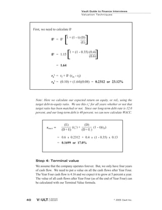 Note: Here we calculate our expected return on equity, or reL, using the
target debt-to-equity ratio. We use this re
L
for all years whether or not that
target ratio has been matched or not. Since our long-term debt rate is 12.0
percent, and our long-term debt is 40 percent, we can now calculate WACC.
Step 4: Terminal value
We assume that the company operates forever. But, we only have four years
of cash flow. We need to put a value on all the cash flows after Year Four.
The Year Four cash flow is 4.16 and we expect it to grow at 5 percent a year.
The value of all cash flows after Year Four (as of the end of Year Four) can
be calculated with our Terminal Value formula.
Vault Guide to Finance Interviews
Valuation Techniques
© 2005 Vault Inc.
40
First, we need to calculate ßL
ßL
= ßU
1 + (1 - t) D
E
ßL
= 1.15
= 1.64
re
L
= rf + ßL
(rm - rf)
re
e
L
= (0.10) + (1.64)(0.08) = 0.2312 or 23.12%
1 + (1 - t) (D)
(E)
[ ]
1 + (1 - 0.35) (0.4)
(0.6)
[ ]
(E)
(re
L
) +
(D)
(1 - t)(rD)
(D + E) (D + E )
0.6 x 0.2312 + 0.4 x (1 - 0.35) x 0.13
0.1699 or 17.0%
rWACC =
WACC =
WACC =
 