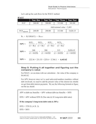 Vault Guide to Finance Interviews
Valuation Techniques
Visit the Vault Finance Career Channel at www.vault.com/finance — with
insider firm profiles, message boards, the Vault Finance Job Board and more. 59
Let’s add up the cash flows for the WACC method:
Add terminal value = 5,483
RE = RE
L
(WACC) = RWACC
Step 5: Putting it all together and figuring out the
company’s value
For WACC, we are done with our calculation – the value of the company is
$4,443.62.
For APV, however since we’ve used unlevered numbers (numbers without
debt involved), we need to add the present value of the interest tax shields
we get from debt interest payments. We use the following formula to figure
out the tax shield:
FCF1 FCF2 FCF3 FCF4
(1 + RE)
1
(1 + RE)
2
(1 + RE)
3
(1 + RE)
4
248 288 313 5,824.15
(1 + 0.1153) (1 + 0.1153)2
(1 + 0.1153)3
(1 + 0.1153)4
222.36 + 231.53 + 225.6 + 3,764.1 = 4,443.62
+ + +
NPV =
NPV =
+ + +
NPV =
APV w/debt tax benefits = APV without debt tax benefits + DTS
DTS = APV without DTS X (Tax rate (t) X Long-term debt ratio)
If the company’s long-term debt ratio is 30%:
DTS = 3759 X (.4 X .3)
DTS = $451
Year One
248.00 288.00
Year Two
FCF
Year Three
313.00
Year Four
341.00
248.00 288.00
FCFadjusted 313.00 5,824.15
WACC
 