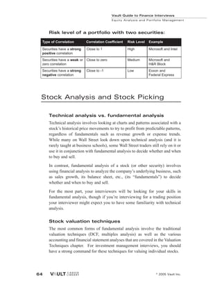 Risk level of a portfolio with two securities:
Stock Analysis and Stock Picking
Technical analysis vs. fundamental analysis
Technical analysis involves looking at charts and patterns associated with a
stock’s historical price movements to try to profit from predictable patterns,
regardless of fundamentals such as revenue growth or expense trends.
While many on Wall Street look down upon technical analysis (and it is
rarely taught at business schools), some Wall Street traders still rely on it or
use it in conjunction with fundamental analysis to decide whether and when
to buy and sell.
In contrast, fundamental analysis of a stock (or other security) involves
using financial analysis to analyze the company’s underlying business, such
as sales growth, its balance sheet, etc., (its “fundamentals”) to decide
whether and when to buy and sell.
For the most part, your interviewers will be looking for your skills in
fundamental analysis, though if you’re interviewing for a trading position
your interviewer might expect you to have some familiarity with technical
analysis.
Stock valuation techniques
The most common forms of fundamental analysis involve the traditional
valuation techniques (DCF, multiples analysis) as well as the various
accounting and financial statement analyses that are covered in the Valuation
Techniques chapter. For investment management interviews, you should
have a strong command for these techniques for valuing individual stocks.
Vault Guide to Finance Interviews
Equity Analysis and Portfolio Management
© 2005 Vault Inc.
64
Type of Correlation Correlation Coefficient Risk Level Example
Securities have a strong
positive correlation
Close to 1 High Microsoft and Intel
Securities have a weak or
zero correlation
Close to zero Medium Microsoft and
H&R Block
Securities have a strong
negative correlation
Close to -1 Low Exxon and
Federal Express
 