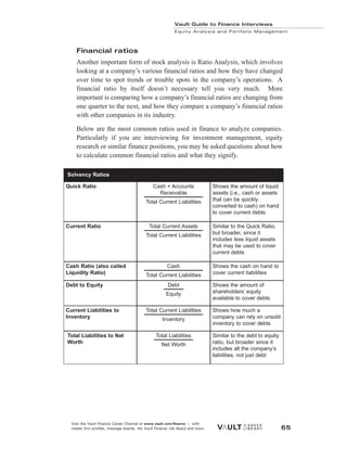 Financial ratios
Another important form of stock analysis is Ratio Analysis, which involves
looking at a company’s various financial ratios and how they have changed
over time to spot trends or trouble spots in the company’s operations. A
financial ratio by itself doesn’t necessary tell you very much. More
important is comparing how a company’s financial ratios are changing from
one quarter to the next, and how they compare a company’s financial ratios
with other companies in its industry.
Below are the most common ratios used in finance to analyze companies.
Particularly if you are interviewing for investment management, equity
research or similar finance positions, you may be asked questions about how
to calculate common financial ratios and what they signify.
Vault Guide to Finance Interviews
Equity Analysis and Portfolio Management
Visit the Vault Finance Career Channel at www.vault.com/finance — with
insider firm profiles, message boards, the Vault Finance Job Board and more. 65
Solvency Ratios
Quick Ratio Cash + Accounts
Receivable
Total Current Liabilities
Shows the amount of liquid
assets (i.e., cash or assets
that can be quickly
converted to cash) on hand
to cover current debts
Current Ratio Total Current Assets
Total Current Liabilities
Similar to the Quick Ratio,
but broader, since it
includes less liquid assets
that may be used to cover
current debts
Cash Ratio (also called
Liquidity Ratio)
Cash
Total Current Liabilities
Shows the cash on hand to
cover current liabilities
Debt to Equity Debt
Equity
Shows the amount of
shareholders’ equity
available to cover debts
Current Liabilities to
Inventory
Total Current Liabilities
Inventory
Shows how much a
company can rely on unsold
inventory to cover debts
Total Liabilities to Net
Worth
Total Liabilities
Net Worth
Similar to the debt to equity
ratio, but broader since it
includes all the company’s
liabilities, not just debt
 