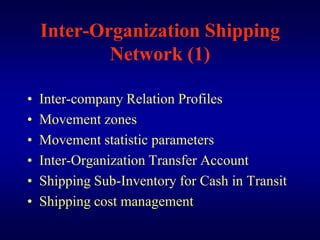 Inter-Organization Shipping
            Network (1)

•   Inter-company Relation Profiles
•   Movement zones
•   Movement statistic parameters
•   Inter-Organization Transfer Account
•   Shipping Sub-Inventory for Cash in Transit
•   Shipping cost management
 