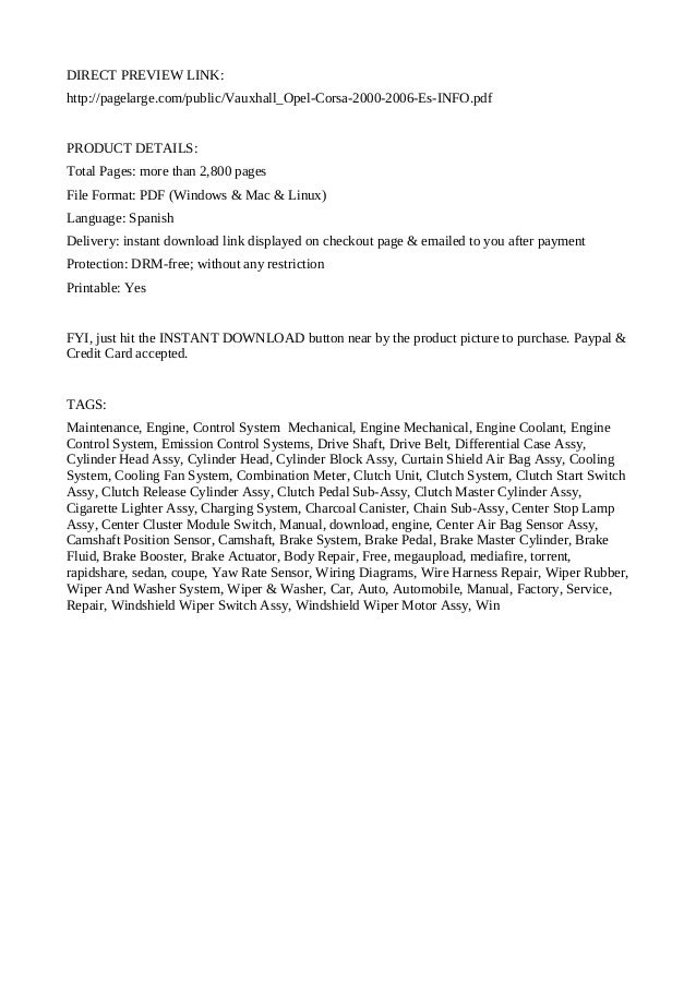 Vauxhall Opel Corsa Workshop Service Repair Manual 2000 2006 In Span
