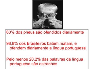 60% dos pneus são ofendidos diariamente 98,8% dos Brasileiros batem,matam, e ofendem diariamente a língua portuguesa Pelo menos 20,2% das palavras da língua portuguesa são estranhas 