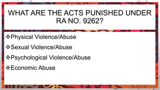 WHAT ARE THE ACTS PUNISHED UNDER
RA NO. 9262?
Physical Violence/Abuse
Sexual Violence/Abuse
Psychological Violence/Abuse
Economic Abuse
 