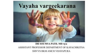 Vayaha vargeekarana
DR SOUMYA PATIL MD Ayu
ASISSTANT PROFESSOR DEPARTMENT OF KAYACHIKITSA
SMVVS RKM AMCH VIJAYAPURA
 
