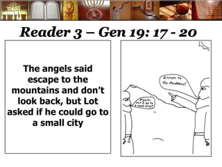 Reader 3 – Gen 19: 17 - 20
The angels said
escape to the
mountains and don’t
look back, but Lot
asked if he could go to
a small city
 