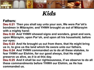Kids
Fathers:
Deu 6:21 Then you shall say unto your son, We were Par’oh's
bondmen in Mitzrayim; and YHWH brought us out of Mitzrayim
with a mighty hand:
Deu 6:22 And YHWH showed signs and wonders, great and sore,
upon Mitzrayim, upon Par’oh, and upon all his household, before
our eyes:
Deu 6:23 And He brought us out from there, that He might bring
us in, to give us the land which He swore unto our fathers.
Deu 6:24 And YHWH commanded us to do all these statutes, to
fear YHWH our Elohim, for our good always, that He might
preserve us alive, as it is at this day.
Deu 6:25 And it shall be our righteousness, if we observe to do all
these commandments before YHWH our Elohim, as He has
commanded us.
 
