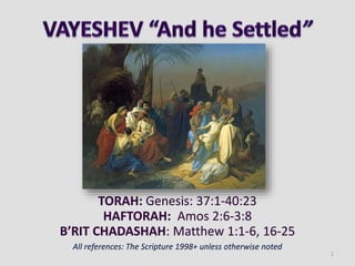 TORAH: Genesis: 37:1-40:23
HAFTORAH: Amos 2:6-3:8
B’RIT CHADASHAH: Matthew 1:1-6, 16-25
All references: The Scripture 1998+ unless otherwise noted
1
 