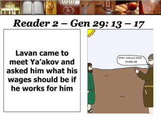 Reader 2 – Gen 29: 13 – 17 
Lavan came to 
meet Ya’akov and 
asked him what his 
wages should be if 
he works for him 
 