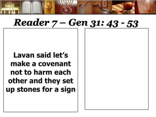 Reader 7 – Gen 31: 43 - 53 
Lavan said let’s 
make a covenant 
not to harm each 
other and they set 
up stones for a sign 
 