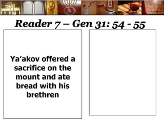 Reader 7 – Gen 31: 54 - 55 
Ya’akov offered a 
sacrifice on the 
mount and ate 
bread with his 
brethren 
 