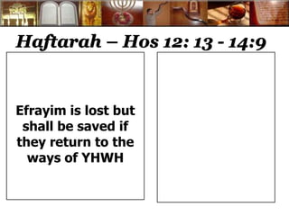 Haftarah – Hos 12: 13 - 14:9 
Efrayim is lost but 
shall be saved if 
they return to the 
ways of YHWH 
 
