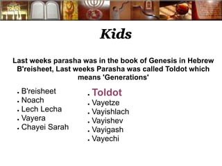 Kids 
Last weeks parasha was in the book of Genesis in Hebrew 
B'reisheet, Last weeks Parasha was called Toldot which 
means 'Generations' 
● B'reisheet 
● Noach 
● Lech Lecha 
● Vayera 
● Chayei Sarah 
● Toldot 
● Vayetze 
● Vayishlach 
● Vayishev 
● Vayigash 
● Vayechi 
 