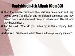 Vayishlach 4th Aliyah (Gen 33)
6 Then the maidservants and their children came near and they
bowed down. 7 And Le’ah and her children came near and they
bowed down. And afterward came Yosef near and Rachel, and
they bowed down.
8 And he said, “What do you mean by all this company that I
met?”
And he said, “These are to find favour in the eyes of my master.”
 