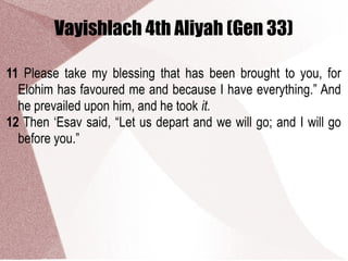 Vayishlach 4th Aliyah (Gen 33)
11 Please take my blessing that has been brought to you, for
Elohim has favoured me and because I have everything.” And
he prevailed upon him, and he took it.
12 Then ‘Esav said, “Let us depart and we will go; and I will go
before you.”
 