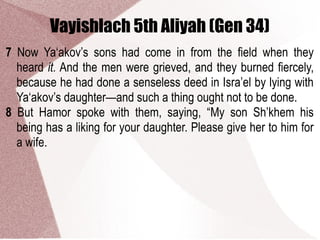 Vayishlach 5th Aliyah (Gen 34)
7 Now Ya‘akov’s sons had come in from the field when they
heard it. And the men were grieved, and they burned fiercely,
because he had done a senseless deed in Isra’el by lying with
Ya‘akov’s daughter—and such a thing ought not to be done.
8 But Hamor spoke with them, saying, “My son Sh’khem his
being has a liking for your daughter. Please give her to him for
a wife.
 