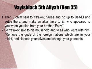 Vayishlach 5th Aliyah (Gen 35)
1 Then Elohim said to Ya‘akov, “Arise and go up to Beit-El and
settle there, and make an altar there to El, who appeared to
you when you fled from your brother ‘Esav.”
2 So Ya‘akov said to his household and to all who were with him,
“Remove the gods of the foreign nations which are in your
midst, and cleanse yourselves and change your garments.
 