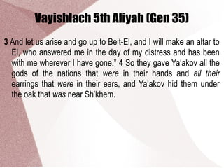 Vayishlach 5th Aliyah (Gen 35)
3 And let us arise and go up to Beit-El, and I will make an altar to
El, who answered me in the day of my distress and has been
with me wherever I have gone.” 4 So they gave Ya‘akov all the
gods of the nations that were in their hands and all their
earrings that were in their ears, and Ya‘akov hid them under
the oak that was near Sh’khem.
 