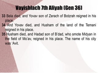 Vayishlach 7th Aliyah (Gen 36)
33 Bela died, and Yovav son of Zerach of Botzrah reigned in his
place.
34 And Yovav died, and Husham of the land of the Temani
reigned in his place.
35 Husham died, and Hadad son of B’dad, who smote Midyan in
the field of Mo’av, reigned in his place. The name of his city
was ‘Avit.
 