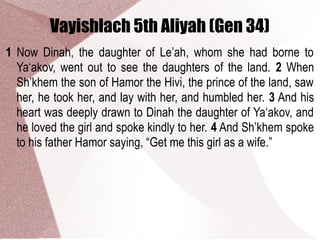Vayishlach 5th Aliyah (Gen 34)
1 Now Dinah, the daughter of Le’ah, whom she had borne to
Ya‘akov, went out to see the daughters of the land. 2 When
Sh’khem the son of Hamor the Hivi, the prince of the land, saw
her, he took her, and lay with her, and humbled her. 3 And his
heart was deeply drawn to Dinah the daughter of Ya‘akov, and
he loved the girl and spoke kindly to her. 4 And Sh’khem spoke
to his father Hamor saying, “Get me this girl as a wife.”
 