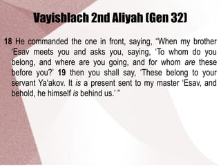 Vayishlach 2nd Aliyah (Gen 32)
18 He commanded the one in front, saying, “When my brother
‘Esav meets you and asks you, saying, ‘To whom do you
belong, and where are you going, and for whom are these
before you?’ 19 then you shall say, ‘These belong to your
servant Ya‘akov. It is a present sent to my master ‘Esav, and
behold, he himself is behind us.’ ”
 