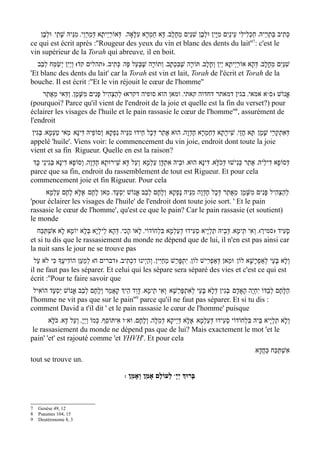 ‫כְּתִיב בּתְרֵיהּ' חַכְלִילִי עֵינַי ִם מִיָּי ִן וּלבֶן שִׁנַּי ִם מֵחָלָב' דָּא חַמְרָא עִלָּאָה' דְּאוֹרי ְיתָא דּמַרְוֵי' מִנֵּיהּ שׁתֵי/ וּלבֶן‬
      ְ      ָ                ְ        ַ                                              ְ                                       ַ
                                                                                                                     7
ce qui est écrit après :''Rougeur des yeux du vin et blanc des dents du lait'' : c'est le
vin supérieur de la Torah qui abreuve, il en boit.
  ‫שִׁנַּי ִם מֵחָלָב' דְּהָא אוֹרַי ְיתָא יַי ִן וְחָלָב' תּוֹרָה שֶׁבִּכְתָב' וְתוֹרָה שׁבְּעַל פֶּה/ כְּתִיב' )תהלים קד( וְיַי ִן יְשַׂמַּח לְבַב‬
                                                      ֶ
'Et blanc des dents du lait' car la Torah est vin et lait, Torah de l'écrit et Torah de la
bouche. Il est écrit :''Et le vin réjouit le cœur de l'homme''
    ‫א אמאי' בגין דמאתר דחדוה קאתי' ומאן הוא סופיה דקרא( לְהַצְהִיל פּנִים מִשָּׁמֶן' וַדַּאי מֵאֲתַר‬ww‫אֱנוֹשׁ )ס‬
                                 ָ
(pourquoi? Parce qu'il vient de l'endroit de la joie et quelle est la fin du verset?) pour
éclairer les visages de l'huile et le pain rassasie le cœur de l'homme''8, assurément de
l'endroit
‫דּאתְקְרֵי שָׁמֶן/ תָּא חֲזֵי' שֵׁירָתָא דְחַמְרָא חֶדְוָה' הוּא אֲתַר דְּכָל חֵידוּ מִנֵּיהּ נַפְקָא/ וְסוֹפֵיהּ דִּינָא/ מַאי טַעְמָא' בְּגִין‬
                                                                                                                                 ִ ְ
appelé 'huile'. Viens voir: le commencement du vin joie, endroit dont toute la joie
vient et sa fin Rigueur. Quelle en est la raison?
 ‫דְּסוֹפָא דִילֵיהּ' אֲתַר כְּנִישׁוּ דְּכֹלָּא' דִּינָא הוּא' וּבֵיהּ אִתְדָּן עַלְמָא/ וְעַל דָּא שֵׁירוּתָא חֶדְוָה' וְסוֹפָא דִינָא בְּגִינֵי כְָּך‬
parce que sa fin, endroit du rassemblement de tout est Rigueur. Et pour cela
commencement joie et fin Rigueur. Pour cela
     ‫/ לְהַצְהִיל פָּנִים מִשָּׁמֶן/ מֵאֲתַר דְּכָל חֶדְוָה מִנֵּיהּ נָפְקָא/ וְלֶחֶם לְבַב אֱנוֹשׁ יִסְעָד' מַאן לֶחֶם/ אֶלָּא לֶחֶם עַלְמָא‬
'pour éclairer les visages de l'huile' de l'endroit dont toute joie sort. ' Et le pain
rassasie le cœur de l'homme', qu'est ce que le pain? Car le pain rassasie (et soutient)
le monde
   ‫סָעִיד )סמיך(' וְאִי תֵימָא' דְּבֵיהּ תַלְי ָיא סְעִידוּ דעַלְמָא בּלְחוֹדוֹי' לָאו הָכִי' דּהָא לֵילְי ָא בּלָא יוֹמָא לָא אִשְׁתּכַּח‬
      ַ                  ְ              ְ                     ִ        ְ
et si tu dis que le rassasiement du monde ne dépend que de lui, il n'en est pas ainsi car
la nuit sans le jour ne se trouve pas
 ‫וְלָא בּעֵי לְאַפרָשָׁא לוֹן/ וּמַאן דְּאַפְרִישׁ לוֹן' יִתְפָּרַשׁ מֵחַיּ ִין' וְהַי ְינוּ דִכְתִיב' )דברים ח( לְמַעַן הוֹדִיעֲָך כִּי לׂא עַל‬
                                                                                                                  ְ       ָ
il ne faut pas les séparer. Et celui qui les sépare sera séparé des vies et c'est ce qui est
écrit :''Pour te faire savoir que
 ‫הלֶּחֶם לְבַדּוֹ יִחי ֶה הָאָדָם/ בּגִין דּלָא בָּעֵי לְאִתְפָּרְשָׁא/ וְאִי תֵימָא' דָּוִד הֵיְך קָאֲמַר ולֶחֶם לְבַב אֱנוֹשׁ יִסְעָד הוֹאִיל‬
                                 ְ                                                           ְ     ְ             ְ               ַ
                                                   9
l'homme ne vit pas que sur le pain'' parce qu'il ne faut pas séparer. Et si tu dis :
comment David a t'il dit ' et le pain rassasie le cœur de l'homme' puisque
       ‫ו אִיתּוֹסַף' כְּמוֹ וַיְי ָ' וְעַל דָּא' כֹּלָּא‬ww‫וְלָא תַלי ָיא בֵּיהּ בִּלְחוֹדוֹי סְעִידוּ דְּעלמָא/ אֶלָּא דַּי ְיקָא דְמִלָּה' וְלֶחֶם' וא‬
                                                                                            ְ ַ                              ְ
 le rassasiement du monde ne dépend pas que de lui? Mais exactement le mot 'et le
pain' 'et' est rajouté comme 'et YHVH'. Et pour cela
                                                                                                                   /‫אִשְׁתַּכַּח כְּחֲדָא‬
tout se trouve un.

                                                : ‫ לְעוֹלָם אָמֵן וְאָמֵן‬wָ‫בָּרוְּך יְי‬



7   Genèse 49, 12
8   Psaumes 104, 15
9   Deutéronome 8, 3
 
