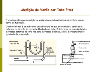 É um dispositivo para medição de vazão através da velocidade detectada em um ponto da tubulação. O tubo de Pitot é um tubo com uma abertura em sua extremidade, sendo esta colocada na direção da corrente fluida de um duto. A diferença da pressão total e a pressão estática da linha nos dará a pressão dinâmica, a qual é proporcional ao quadrado da velocidade. Medição de Vazão por Tubo Pitot 