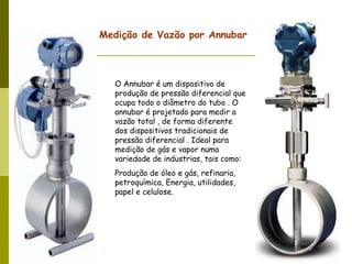Medição de Vazão por Annubar O Annubar é um dispositivo de produção de pressão diferencial que ocupa todo o diâmetro do tubo . O annubar é projetado para medir a vazão total , de forma diferente dos dispositivos tradicionais de pressão diferencial . Ideal para medição de gás e vapor numa variedade de industrias, tais como: Produção de óleo e gás, refinaria, petroquímica, Energia, utilidades, papel e celulose.  