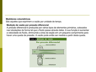 Medidores volumétricos São aqueles que exprimem a vazão por unidade de tempo. Medição de vazão por pressão diferencial A pressão diferencial é produzida por vários tipos de elementos primários, colocados nas tubulações de forma tal que o fluido passe através deles. A sua função é aumentar a velocidade do fluido, diminuindo a área da seção em um pequeno comprimento para haver uma queda de pressão. A vazão pode então ser medida a partir desta queda. 
