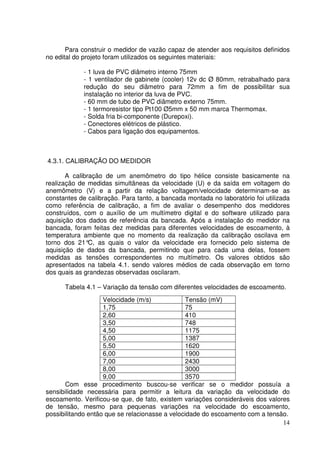14
Para construir o medidor de vazão capaz de atender aos requisitos definidos
no edital do projeto foram utilizados os seguintes materiais:
- 1 luva de PVC diâmetro interno 75mm
- 1 ventilador de gabinete (cooler) 12v dc Ø 80mm, retrabalhado para
redução do seu diâmetro para 72mm a fim de possibilitar sua
instalação no interior da luva de PVC.
- 60 mm de tubo de PVC diâmetro externo 75mm.
- 1 termoresistor tipo Pt100 Ø5mm x 50 mm marca Thermomax.
- Solda fria bi-componente (Durepoxi).
- Conectores elétricos de plástico.
- Cabos para ligação dos equipamentos.
4.3.1. CALIBRAÇÃO DO MEDIDOR
A calibração de um anemômetro do tipo hélice consiste basicamente na
realização de medidas simultâneas da velocidade (U) e da saída em voltagem do
anemômetro (V) e a partir da relação voltagem/velocidade determinam-se as
constantes de calibração. Para tanto, a bancada montada no laboratório foi utilizada
como referência de calibração, a fim de avaliar o desempenho dos medidores
construídos, com o auxílio de um multímetro digital e do software utilizado para
aquisição dos dados de referência da bancada. Após a instalação do medidor na
bancada, foram feitas dez medidas para diferentes velocidades de escoamento, à
temperatura ambiente que no momento da realização da calibração oscilava em
torno dos 21°C, as quais o valor da velocidade era fornecido pelo sistema de
aquisição de dados da bancada, permitindo que para cada uma delas, fossem
medidas as tensões correspondentes no multímetro. Os valores obtidos são
apresentados na tabela 4.1. sendo valores médios de cada observação em torno
dos quais as grandezas observadas oscilaram.
Tabela 4.1 – Variação da tensão com diferentes velocidades de escoamento.
Velocidade (m/s) Tensão (mV)
1,75 75
2,60 410
3,50 748
4,50 1175
5,00 1387
5,50 1620
6,00 1900
7,00 2430
8,00 3000
9,00 3570
Com esse procedimento buscou-se verificar se o medidor possuía a
sensibilidade necessária para permitir a leitura da variação da velocidade do
escoamento. Verificou-se que, de fato, existem variações consideráveis dos valores
de tensão, mesmo para pequenas variações na velocidade do escoamento,
possibilitando então que se relacionasse a velocidade do escoamento com a tensão.
 