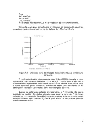 16
Onde:
A=0,3398E-01;
B=0,6766E00;
C=0,1777E+02.
X é a tensão medida em mV, e Y é a velocidade do escoamento em m/s.
Com esta curva, pode ser calculada a velocidade do escoamento a partir de
uma diferença de potencial elétrico, dentro da faixa de 1,75 m/s a 9,0 m/s.
Figura 4.3 – Gráfico da curva de utilização do equipamento para temperatura
constante.
O coeficiente de determinação desta curva é de 0,999896, ou seja, a curva
aproximada pelo software apresenta pouca variação quando comparada com o
comportamento experimental. Nota-se que na faixa a ser medida, entre 4m/s e 6m/s,
a curva apresenta pouca dispersão, tornando-se assim uma ferramenta útil na
obtenção de valores de velocidade a partir de diferenças d potencial.
Quando da calibração realizada em laboratório, o Pt100 ainda não estava
instalado no medidor. Os dados utilizados para gerar a curva do Pt100 foram
retirados da documentação fornecida junto com o sensor. A tabela com os dados
esta parcialmente reproduzida na figura 4.4. para a faixa de temperatura que é de
interesse neste trabalho.
 
