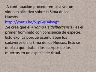 -A continuación procederemos a ver un
video explicativo sobre la Sima de los
Huesos.
http://youtu.be/S1pGqD4kwgY
.Se cree que el «Homo Heidelbergensis» es el
primer homínido con conciencia de especie.
Esto explica porque acumulaban los
cadáveres en la Sima de los Huesos. Esto se
debía a que tiraban los cuerpos de los
muertos en un especie de ritual.
 