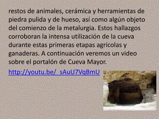 restos de animales, cerámica y herramientas de
piedra pulida y de hueso, así como algún objeto
del comienzo de la metalurgia. Estos hallazgos
corroboran la intensa utilización de la cueva
durante estas primeras etapas agrícolas y
ganaderas. A continuación veremos un video
sobre el portalón de Cueva Mayor.
http://youtu.be/_sAuU7VqBmU
 