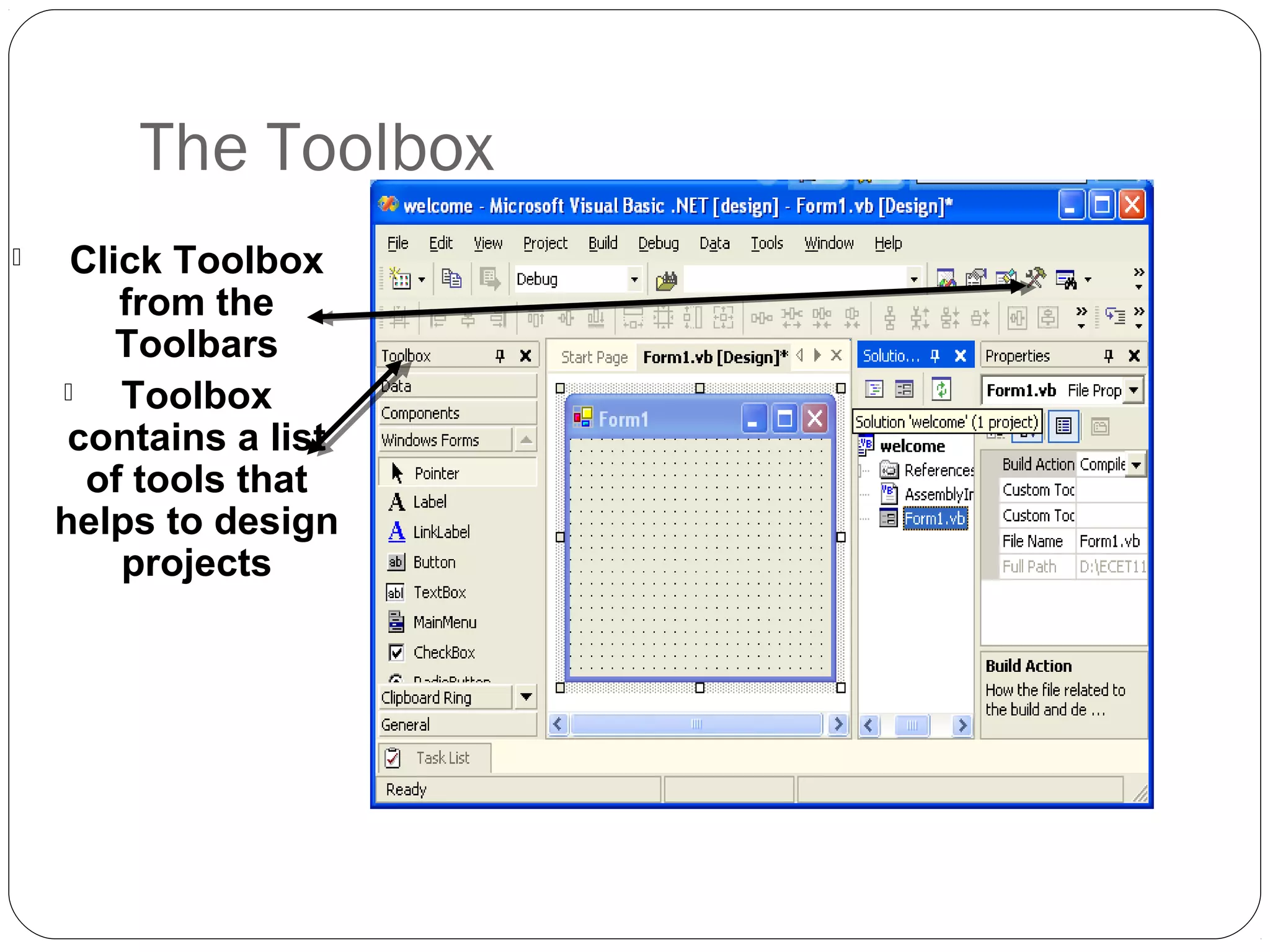 The Toolbox
Click Toolbox
from the
Toolbars
Toolbox
contains a list
of tools that
helps to design
projects