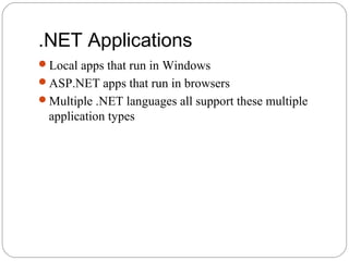 .NET Applications
Local apps that run in Windows
ASP.NET apps that run in browsers
Multiple .NET languages all support these multiple
application types
 