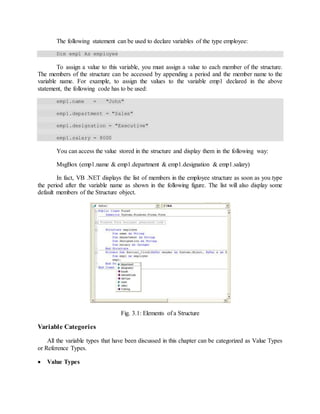 The following statement can be used to declare variables of the type employee:
Dim emp1 As employee
To assign a value to this variable, you must assign a value to each member of the structure.
The members of the structure can be accessed by appending a period and the member name to the
variable name. For example, to assign the values to the variable emp1 declared in the above
statement, the following code has to be used:
emp1.name = "John"
emp1.department = "Sales"
emp1.designation = "Executive"
emp1.salary = 8000
You can access the value stored in the structure and display them in the following way:
MsgBox (emp1.name & emp1.department & emp1.designation & emp1.salary)
In fact, VB .NET displays the list of members in the employee structure as soon as you type
the period after the variable name as shown in the following figure. The list will also display some
default members of the Structure object.
Fig. 3.1: Elements of a Structure
Variable Categories
All the variable types that have been discussed in this chapter can be categorized as Value Types
or Reference Types.
 Value Types
 