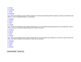 A - Private
B - Protected
C - Public
D - ReadOnly
Q 23 - Which of the following accesss modifier specifies that a declared programming element redeclares and hides an identically named
element, or set of overloaded elements, in a base class?
A - Shadows
B - Shared
C - Static
D - Unicode
Q 24 - Which of the following accesss modifier specifies that one or more declared programming elements are associated with a class or
structure at large, and not with a specific instance of the class or structure?
A - Shadows
B - Shared
C - Static
D - Unicode
Q 25 - Which of the following accesss modifier specifies that one or more declared local variables are to continue to exist and retain their
latest values after termination of the procedure in which they are declared?
A - Shadows
B - Shared
C - Static
D - Unicode
Question Number Answer Key
 
