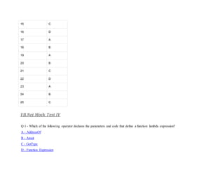 15 C
16 D
17 A
18 B
19 A
20 B
21 C
22 D
23 A
24 B
25 C
VB.Net Mock Test IV
Q 1 - Which of the following operator declares the parameters and code that define a function lambda expression?
A - AddressOf
B - Await
C - GetType
D - Function Expression
 
