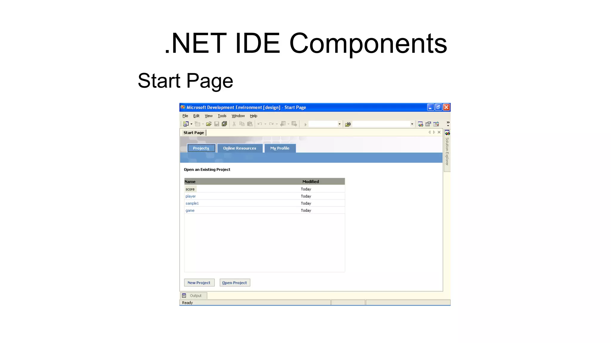 .NET IDE Components
Start Page