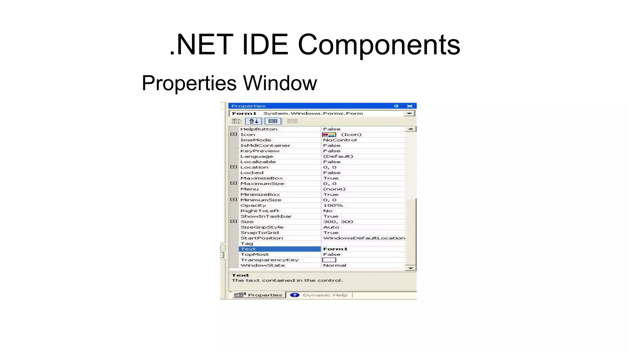 .NET IDE Components
Properties Window