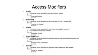 • Public
• The member can be accessed by any object, class or method.
Example
Public sub Square()
End Sub
• Protected
• The member can be accessed only within the class and from a derived class.
Example
Protected sub Square()
End Sub
• Friend
• The member can be accessed only within same assembly that contains it.
• Any compiled code becomes assembly.
Example
Friend sub Square()
End Sub
• Protected Friend
• The member can be accessed from the same assembly that contains the member and also
from the derived class
Example
Protected Friend sub Square()
End Sub
• Private
• The member can be accessed only within the context where it has been declared.
Example
Private sub Square()
End Sub
Access Modifiers
 