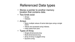 Referenced Data types
• Stores a pointer to another memory
location that contains data.
• Two kinds exist
• Arrays
• Classes
• Arrays
• Store multiple values of same data type using a single
name
• Values are accessed using indexes.
• Index starts from zero
• Types of Array
• Single-dimensional array
• Multi-dimensional array
• Array of array or jagged array
• Dynamic array
 