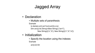 Jagged Array
• Declaration
• Multiple sets of paranthesis
Example
to declare arr(),arr1(a,b),arr2(c,d,e)
Dim arr()() As String=(New String() {“arr1”},
New String(){“a”,”b”}, New String(){“c”,”d”,”e”}}
• Initialization
• Specify the location using the indexes
Example
arr(2,2)=34
 