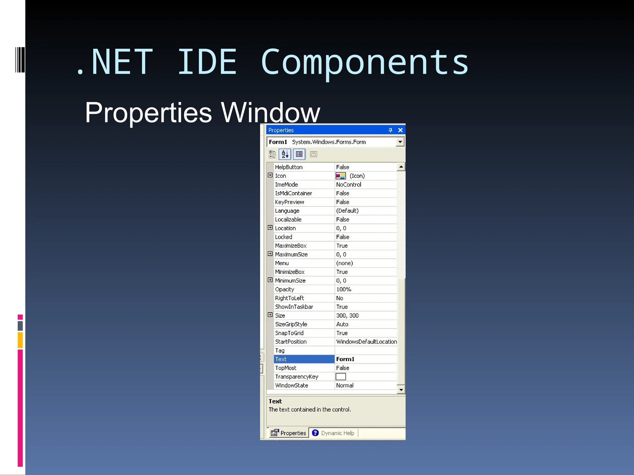 .NET IDE Components Properties Window 