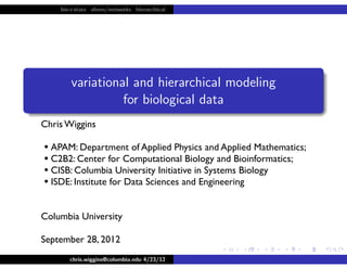bio+stats vbem/networks hierarchical
variational and hierarchical modeling
for biological data
chris wiggins
columbia
april 23, 2012
chris.wiggins@columbia.edu 4/23/12
Chris Wiggins
• APAM: Department of Applied Physics and Applied Mathematics;
• C2B2: Center for Computational Biology and Bioinformatics;
• CISB: Columbia University Initiative in Systems Biology
• ISDE: Institute for Data Sciences and Engineering
Columbia University
September 28, 2012
 