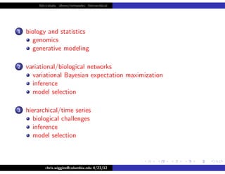 bio+stats vbem/networks hierarchical
1 biology and statistics
genomics
generative modeling
2 variational/biological networks
variational Bayesian expectation maximization
inference
model selection
3 hierarchical/time series
biological challenges
inference
model selection
chris.wiggins@columbia.edu 4/23/12
 