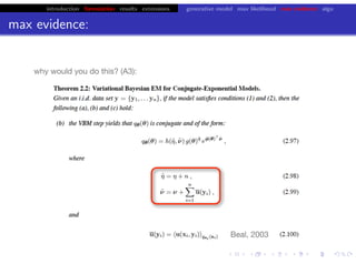 introduction formulation results extensions generative model max likelihood max evidence algo
max evidence:
chris.wiggins@columbia.edu 22.2.12 vbmod.sourceforge.net
why would you do this? (A3):
Beal, 2003
 