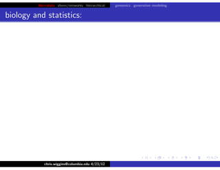 bio+stats vbem/networks hierarchical genomics generative modeling
biology and statistics:
chris.wiggins@columbia.edu 4/23/12
 
