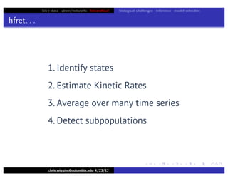 bio+stats vbem/networks hierarchical biological challenges inference model selection
hfret. . .
chris.wiggins@columbia.edu 4/23/12
1. Identify states
2. Estimate Kinetic Rates
3. Average over many time series
4. Detect subpopulations
 